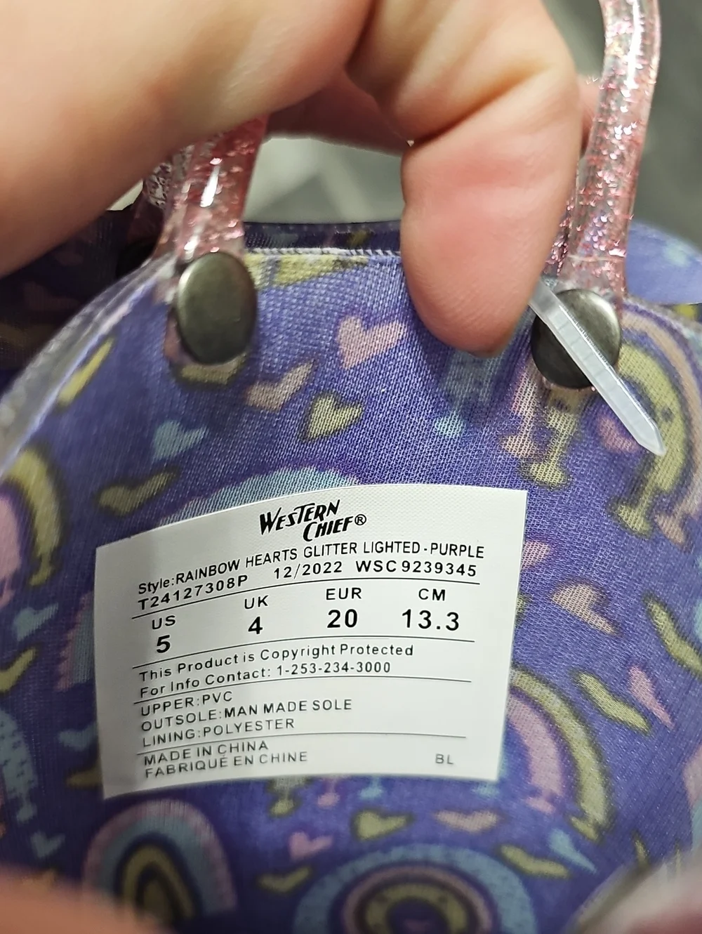 Western Chief Purple Rainbow Heart Glitter Handle Toddler Rain Boots